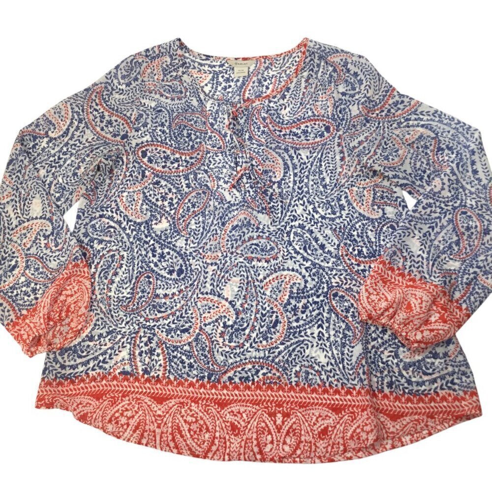 Ariat Blouse Paisley Size Medium Blue Red Long Sleeve Loose Semi Sheer Tunic - Picture 4 of 8